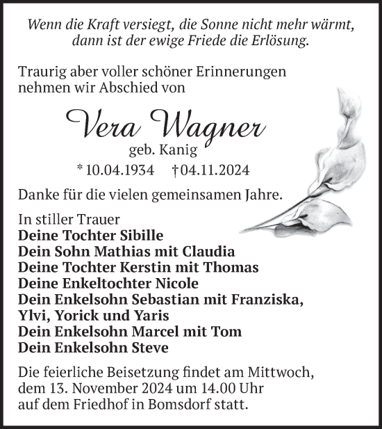 Traueranzeige von Vera Wagner von Märkische Oderzeitung