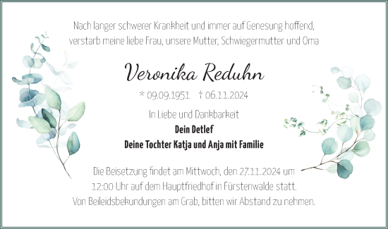 Traueranzeige von Veronika Reduhn von Märkische Oderzeitung