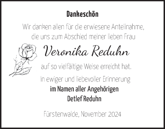 Traueranzeige von Veronika Reduhn von Märkische Oderzeitung