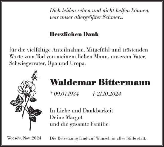 Traueranzeige von Waldemar Bittermann von Märkische Oderzeitung