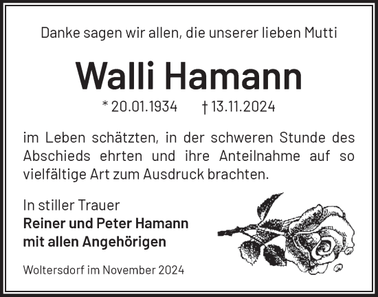 Traueranzeige von Walli Hamann von Märkische Oderzeitung