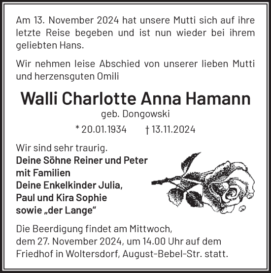 Traueranzeige von Walli Charlotte Anna Hamann von Märkische Oderzeitung