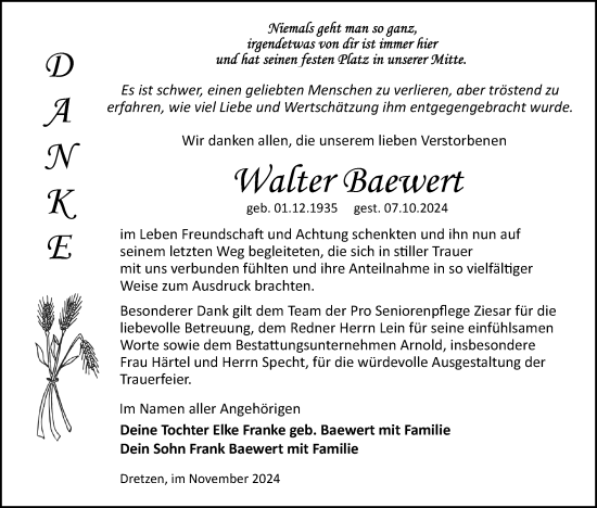 Traueranzeige von Walter Baewert von Märkische Oderzeitung