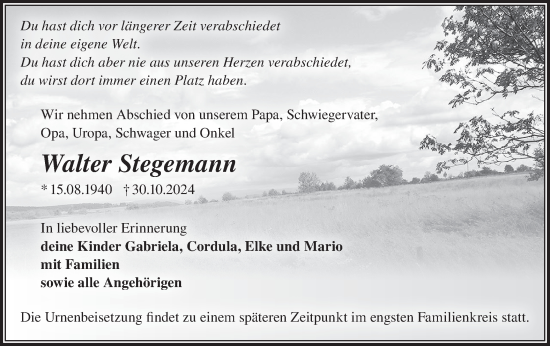 Traueranzeige von Walter Stegemann von Märkische Oderzeitung