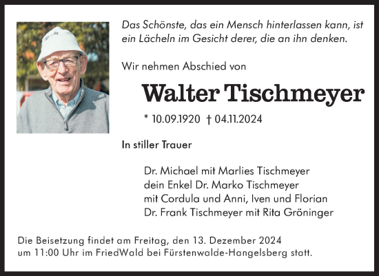 Traueranzeige von Walter Tischmeyer von Märkische Oderzeitung