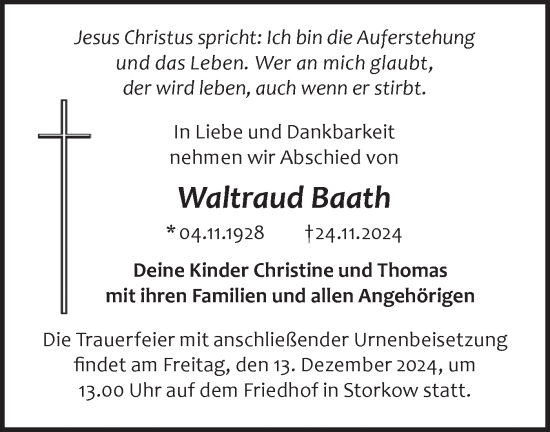 Traueranzeige von Waltraud Baath von Märkische Oderzeitung