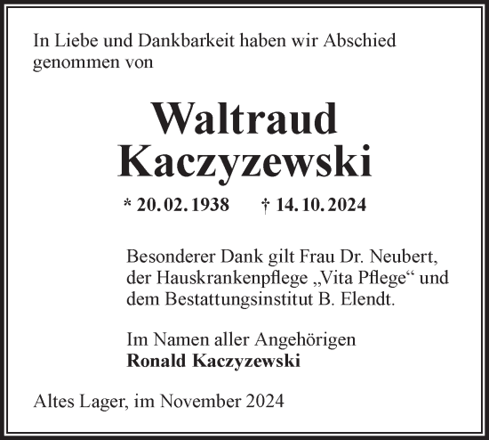 Traueranzeige von Waltraud Kaczyzewski von Märkische Oderzeitung