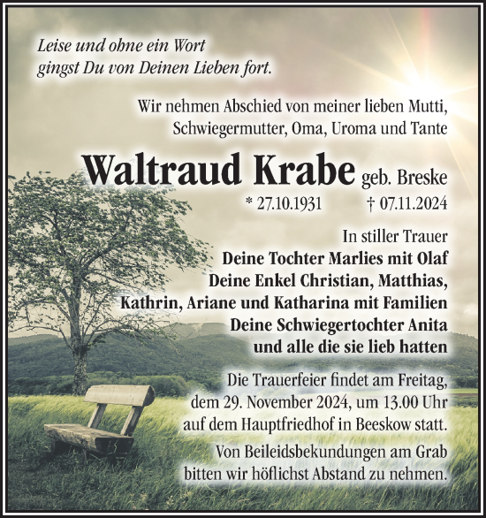 Traueranzeige von Waltraud Krabe von Märkische Oderzeitung