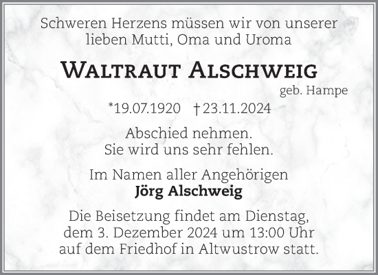 Traueranzeige von Waltraut Alschweig von Märkische Oderzeitung