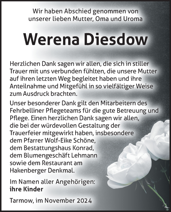 Traueranzeige von Werena Diesdow von Märkische Oderzeitung