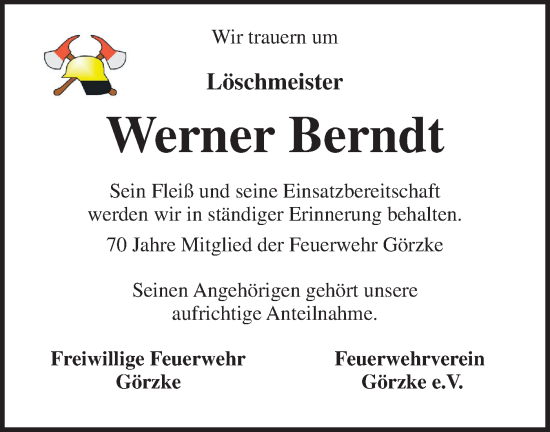 Traueranzeige von Werner Berndt von Märkische Oderzeitung