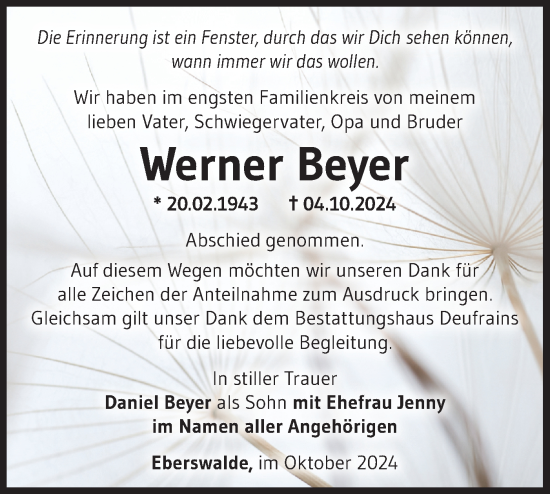 Traueranzeige von Werner Beyer von Märkische Oderzeitung