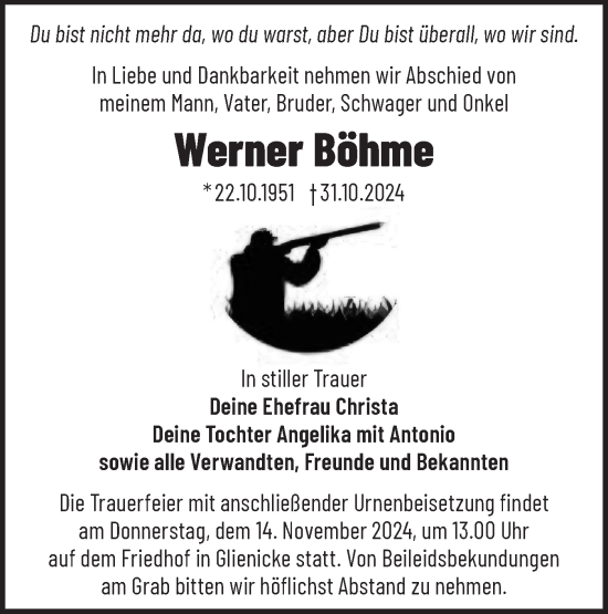 Traueranzeige von Werner Böhme von Märkische Oderzeitung