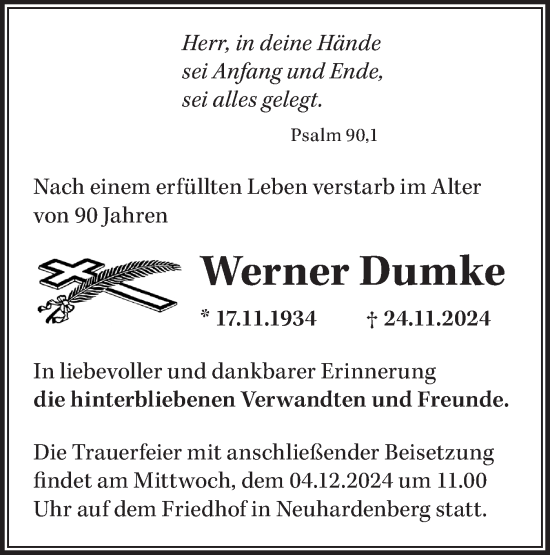 Traueranzeige von Werner Dumke von Märkische Oderzeitung