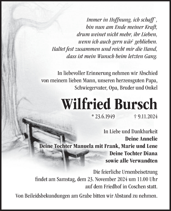 Traueranzeige von Wilfried Bursch von Märkische Oderzeitung