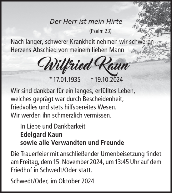 Traueranzeige von Wilfried Kaun von Märkische Oderzeitung