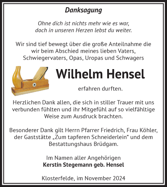 Traueranzeige von Wilhelm  Hensel von Märkische Oderzeitung