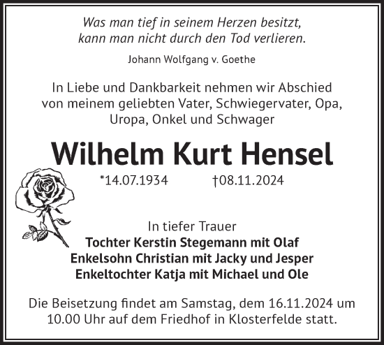 Traueranzeige von Wilhelm  Hensel von Märkische Oderzeitung