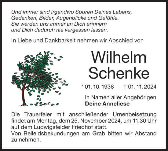 Traueranzeige von Wilhelm Schenke von Märkische Oderzeitung