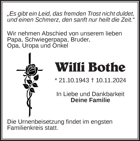 Traueranzeige von Willi Bothe von Märkische Oderzeitung