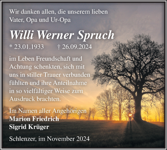 Traueranzeige von Willi Werner Spruch von Märkische Oderzeitung