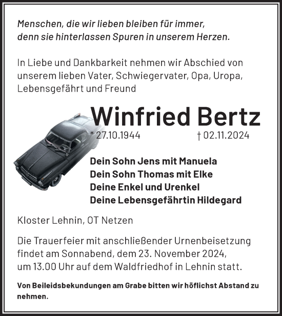 Traueranzeige von Winfried Bertz von Märkische Oderzeitung