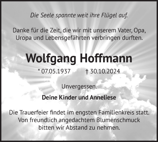 Traueranzeige von Wolfgang Hoffmann von Märkische Oderzeitung