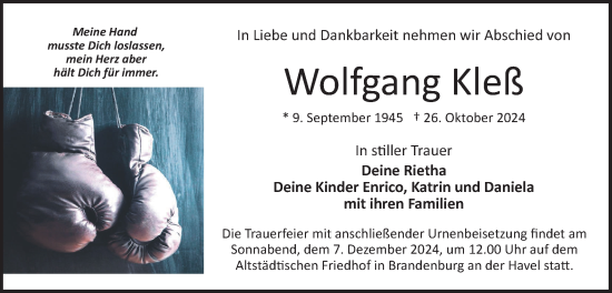 Traueranzeige von Wolfgang Kleß von Märkische Oderzeitung