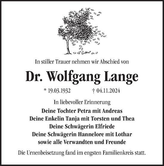 Traueranzeige von Wolfgang Lange von Märkische Oderzeitung