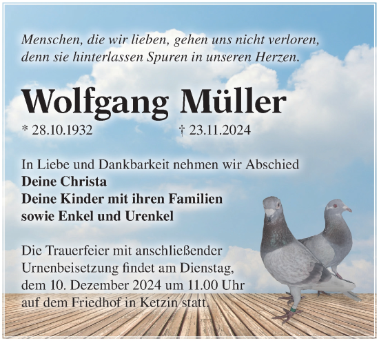 Traueranzeige von Wolfgang Müller von Märkische Oderzeitung