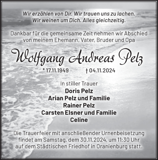 Traueranzeige von Wolfgang Andreas Pelz von Märkische Oderzeitung