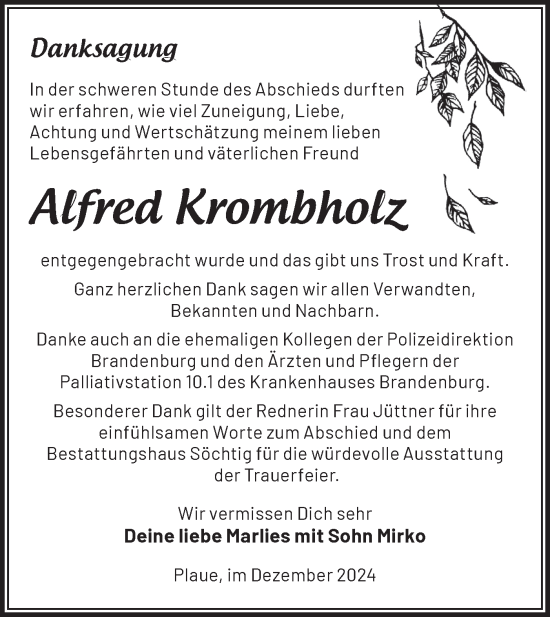 Traueranzeige von Alfred Krombholz von Märkische Oderzeitung