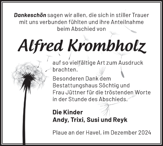 Traueranzeige von Alfred Krombholz von Märkische Oderzeitung