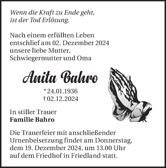 Traueranzeige von Anita Bahro von Märkische Oderzeitung