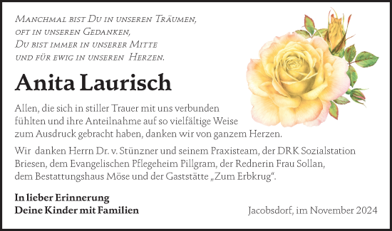 Traueranzeige von Anita Laurisch von Märkische Oderzeitung