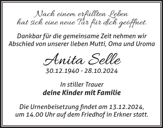 Traueranzeige von Anita Selle von Märkische Oderzeitung