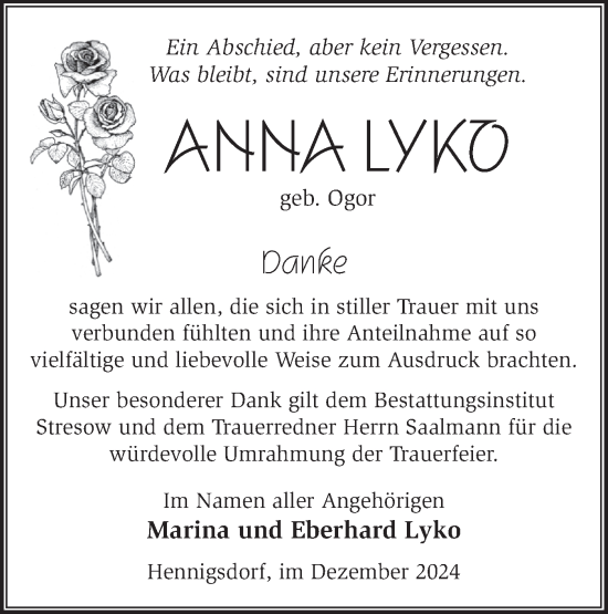 Traueranzeige von Anna Lyko von Märkische Oderzeitung