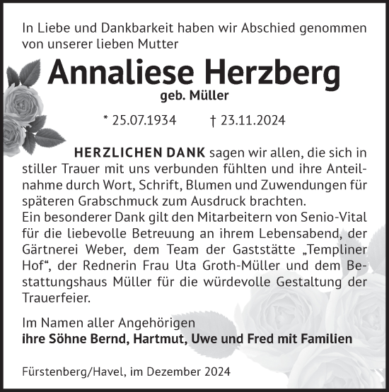 Traueranzeige von Annaliese Herzberg von Märkische Oderzeitung