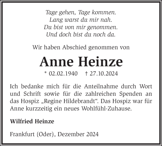 Traueranzeige von Anne Heinze von Märkische Oderzeitung