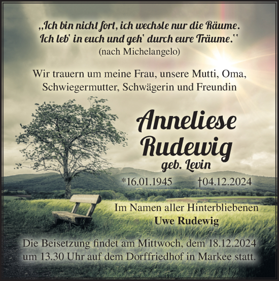 Traueranzeige von Anneliese Rudewig von Märkische Oderzeitung