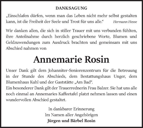 Traueranzeige von Annemarie Rosin von Märkische Oderzeitung