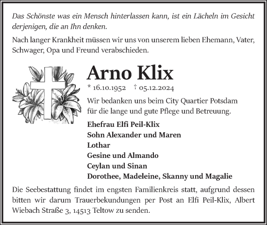 Traueranzeige von Arno Klix von Märkische Oderzeitung