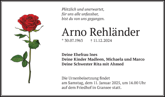 Traueranzeige von Arno Rehländer von Märkische Oderzeitung