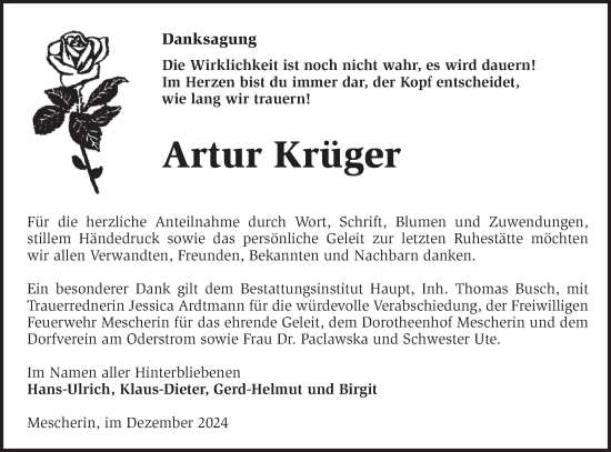 Traueranzeige von Artur Krüger von Märkische Oderzeitung