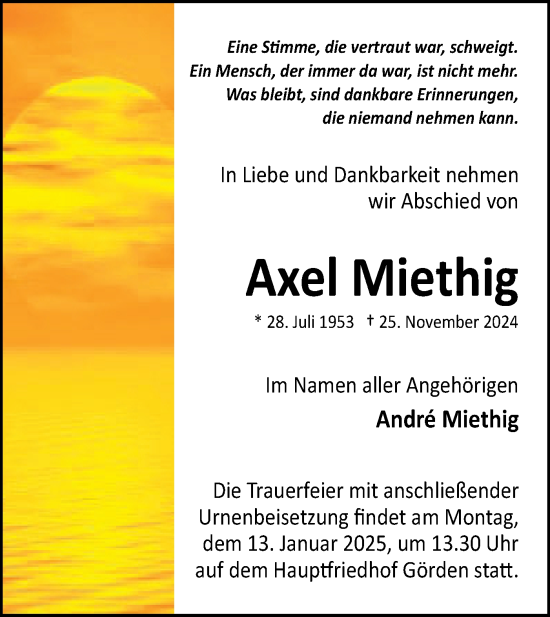 Traueranzeige von Axel Miethig von Märkische Oderzeitung