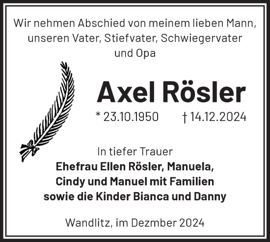 Traueranzeige von Axel Rösler von Märkische Oderzeitung