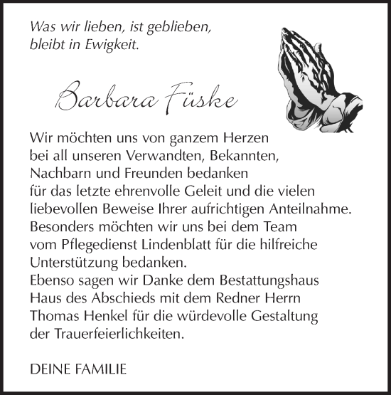 Traueranzeige von Barbara Füske von Märkische Oderzeitung