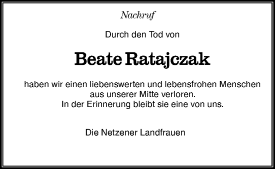 Traueranzeige von Beate Ratajczak von Märkische Oderzeitung