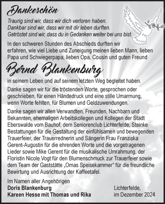 Traueranzeige von Bernd Blankenburg von Märkische Oderzeitung