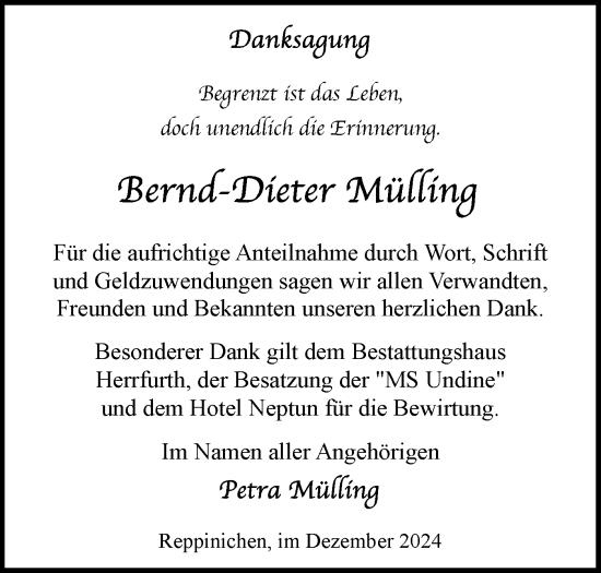 Traueranzeige von Bernd-Dieter Mülling von Märkische Oderzeitung